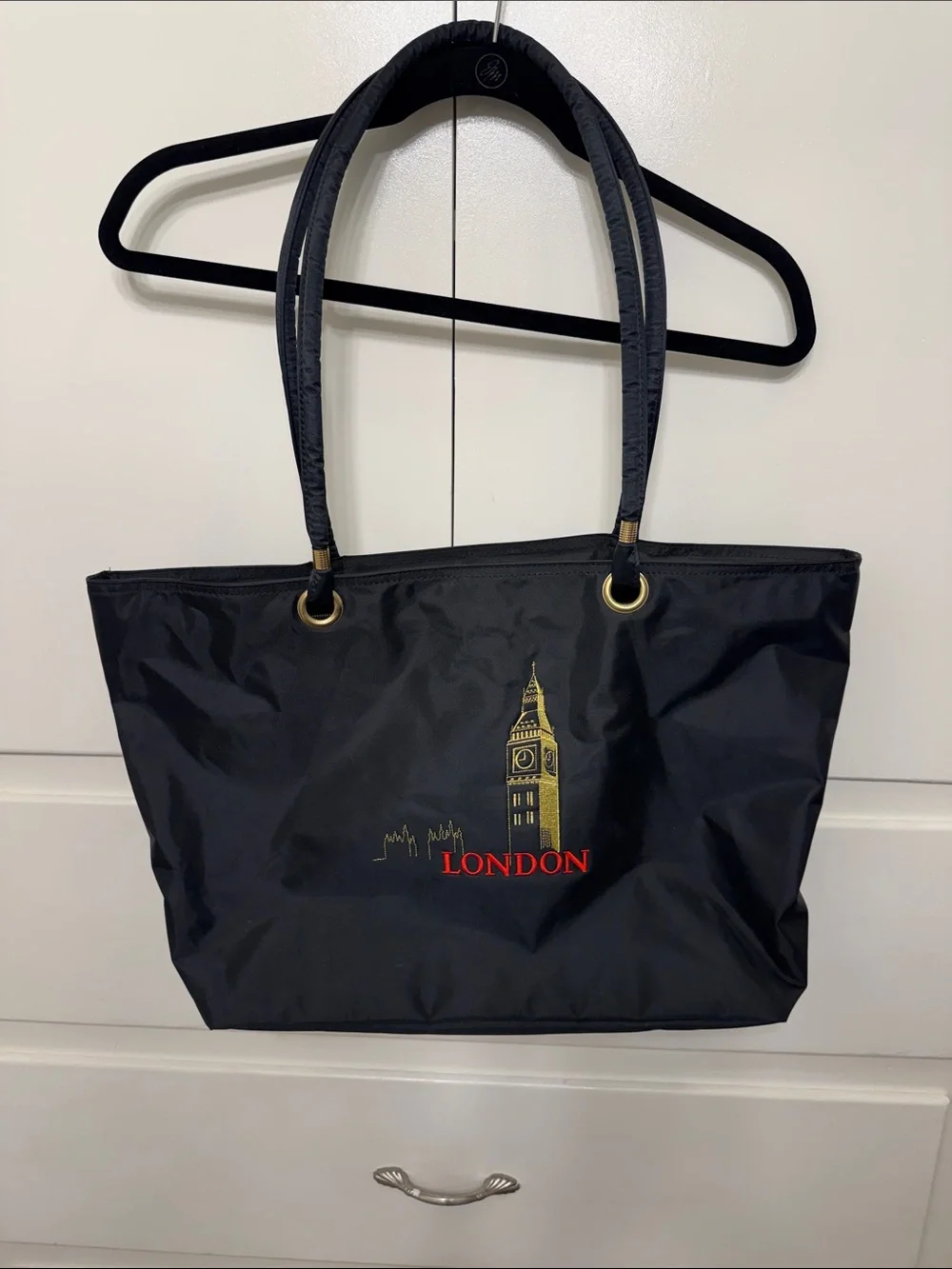 Black London Tote Bag with Gold Embroidery